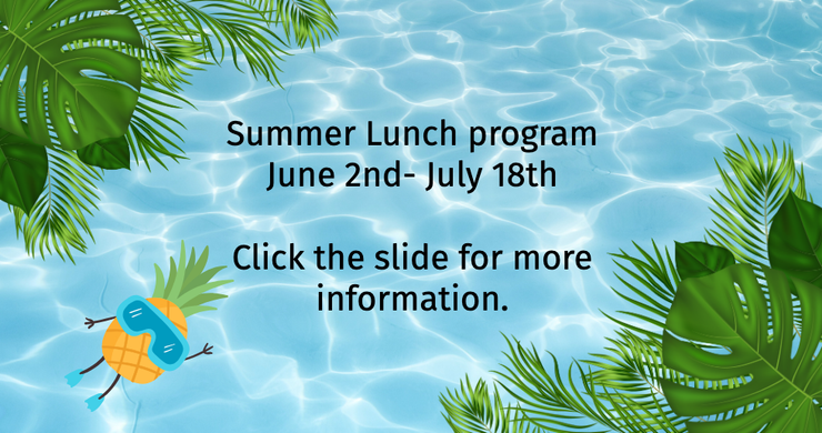 A swimming pool with palm leaves and a pineapple in it. Summer lunch program June 2nd-July 18th.