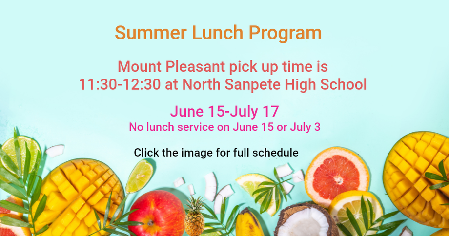 Summer lunch program flyer for Mount Pleasant June 15–July 17, with colorful fruit border.
