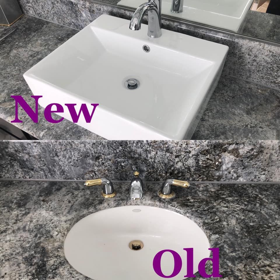 A picture of a bathroom sink before and after being remodeled