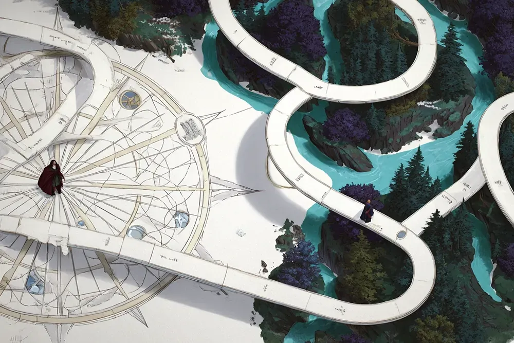 A person walks a winding path, a large compass rose to the left, forest and water on the right.