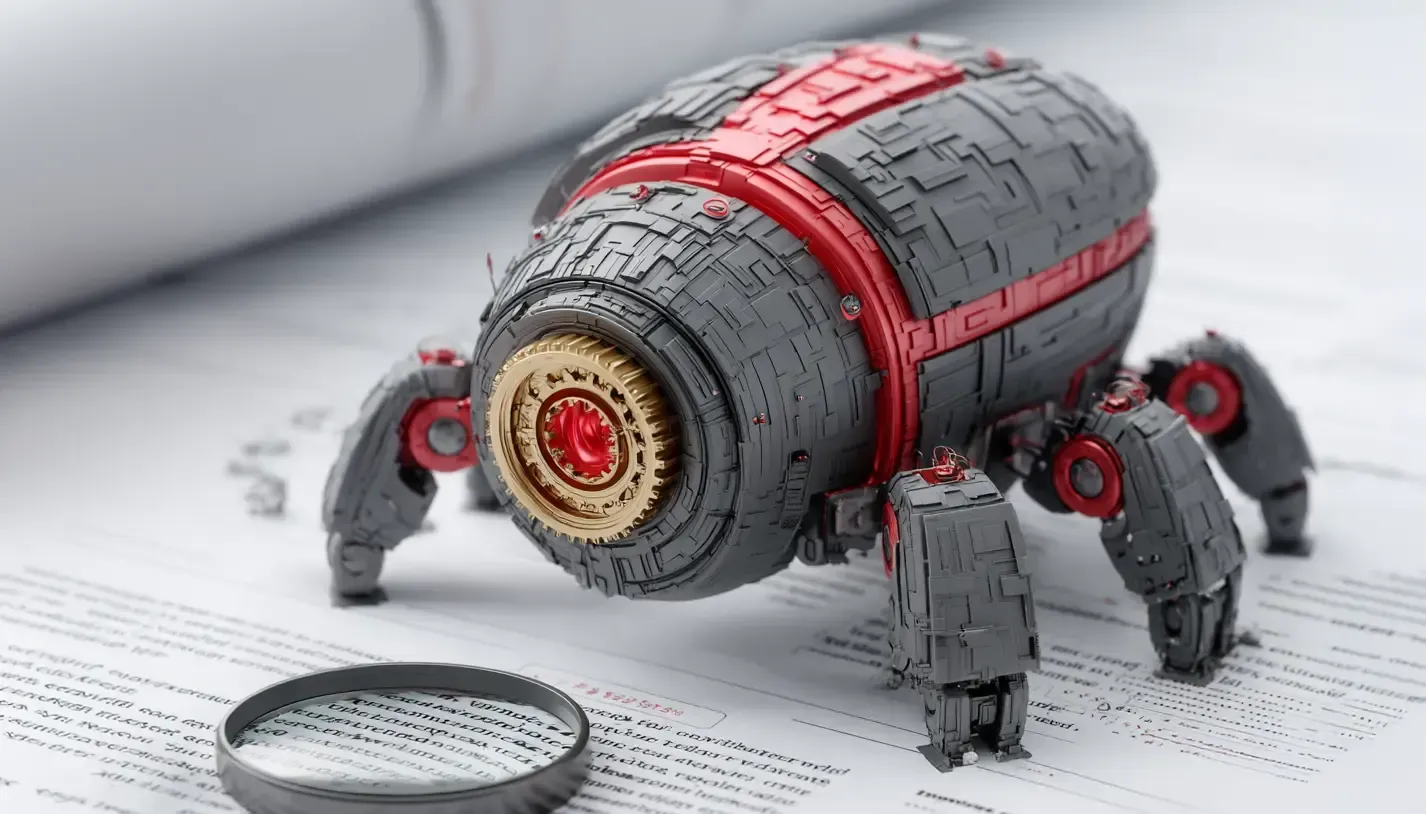 A toy robot is sitting on top of a piece of paper next to a magnifying glass reading the text content.