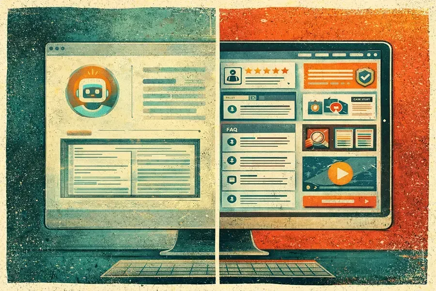 Split screen showing a minimalist AI chatbot interface on the left and a dense, colorful multimedia feed on the right.