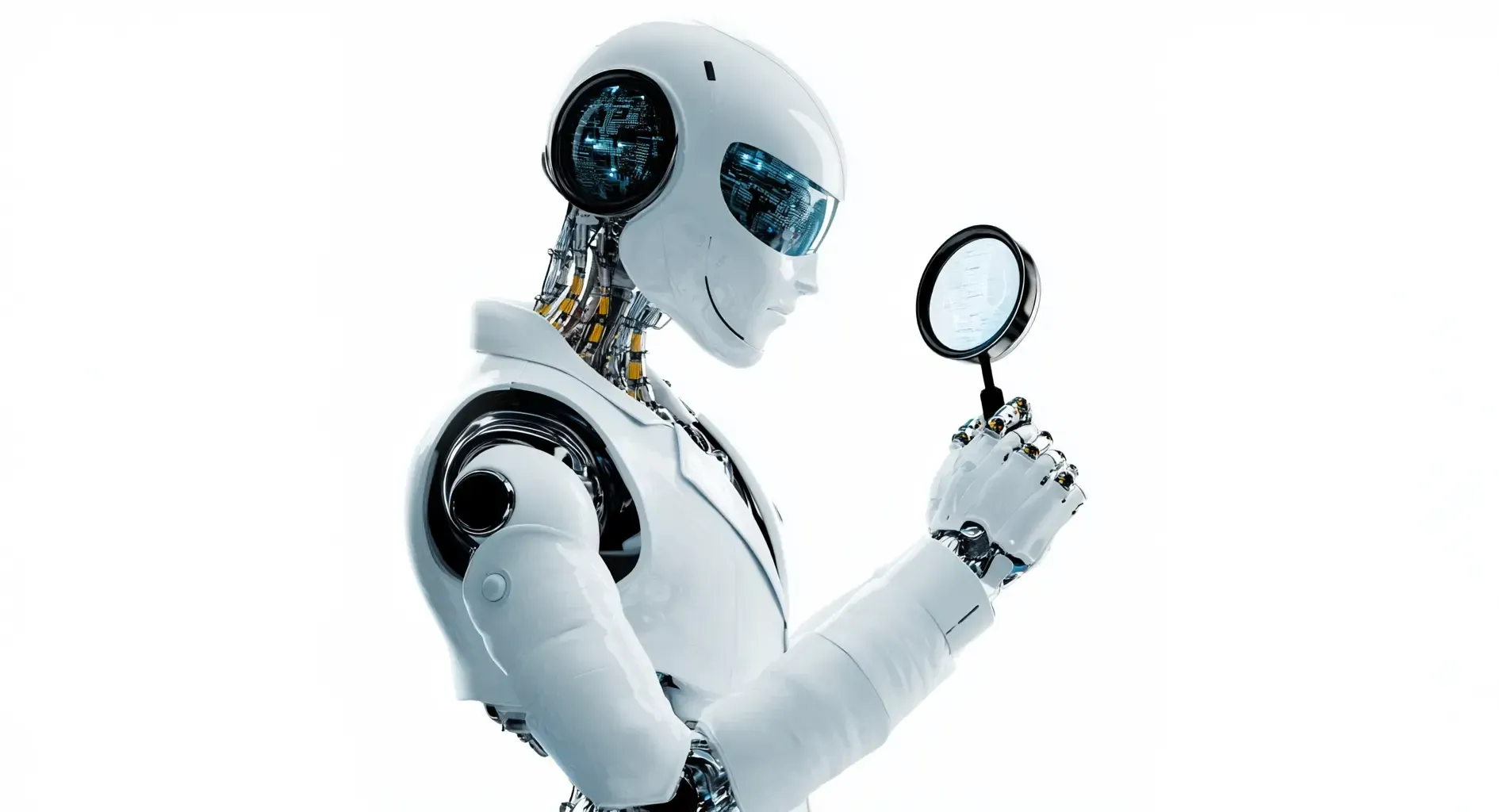 A robot is holding a magnifying glass in his hand.