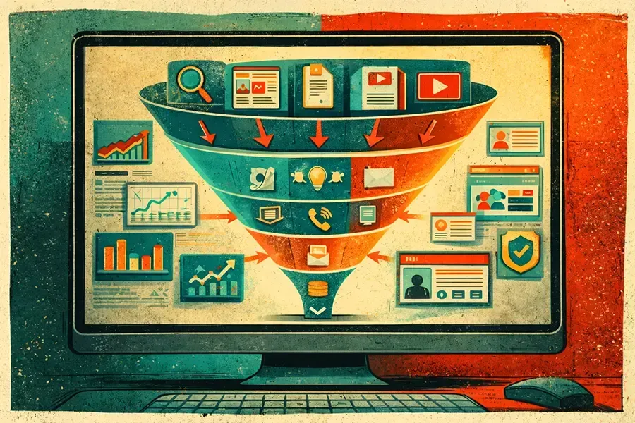 A visual marketing funnel diagram shown on a computer screen, starting at the top with digital engagement elements such as search queries, blog visits, PDF downloads, landing page views, and demo video plays, then narrowing downward into stronger business outcomes like booked calls, form fills, proposal requests, and revenue conversations