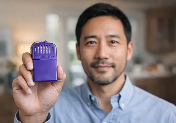 Man holding a purple device toward the camera in a blurred indoor setting