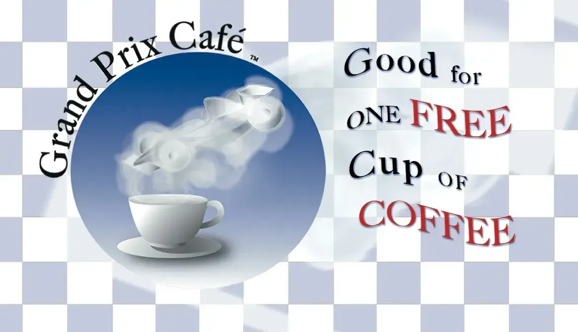 A sign for grand prix cafe advertises one free cup of coffee