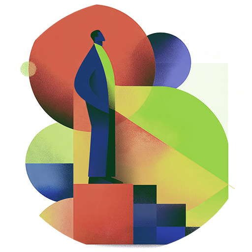 Person on a red block, looking up with hands in pockets. Geometric shapes in the background, mostly green and blue.