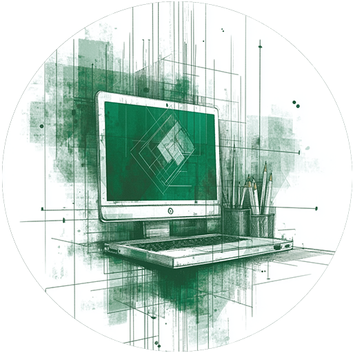 Green-toned sketch of a computer workstation; screen displays a geometric logo, pencils in cup.