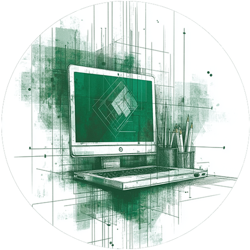 Green-toned sketch of a computer workstation; screen displays a geometric logo, pencils in cup.