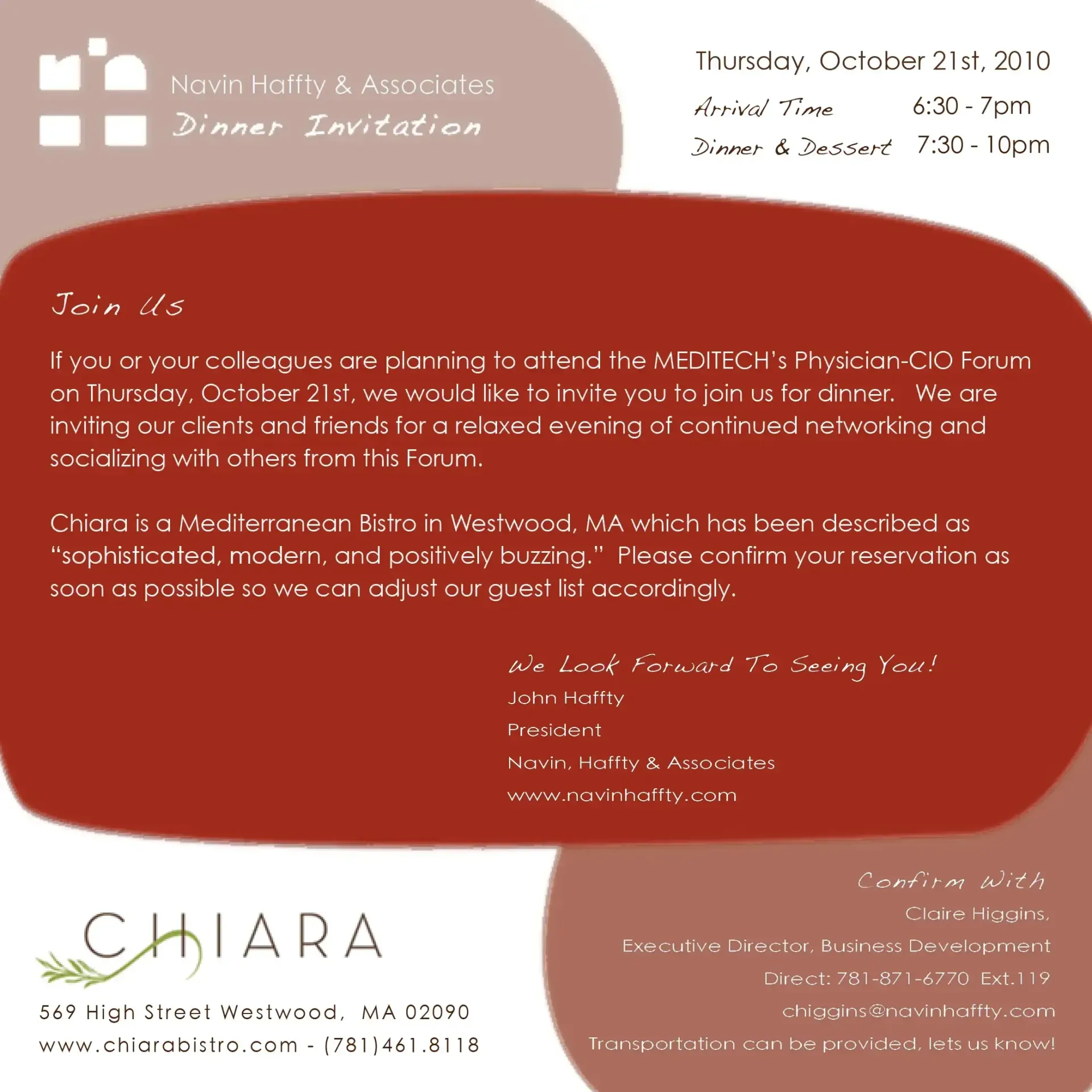 A flyer for a dinner invitation from chiara
