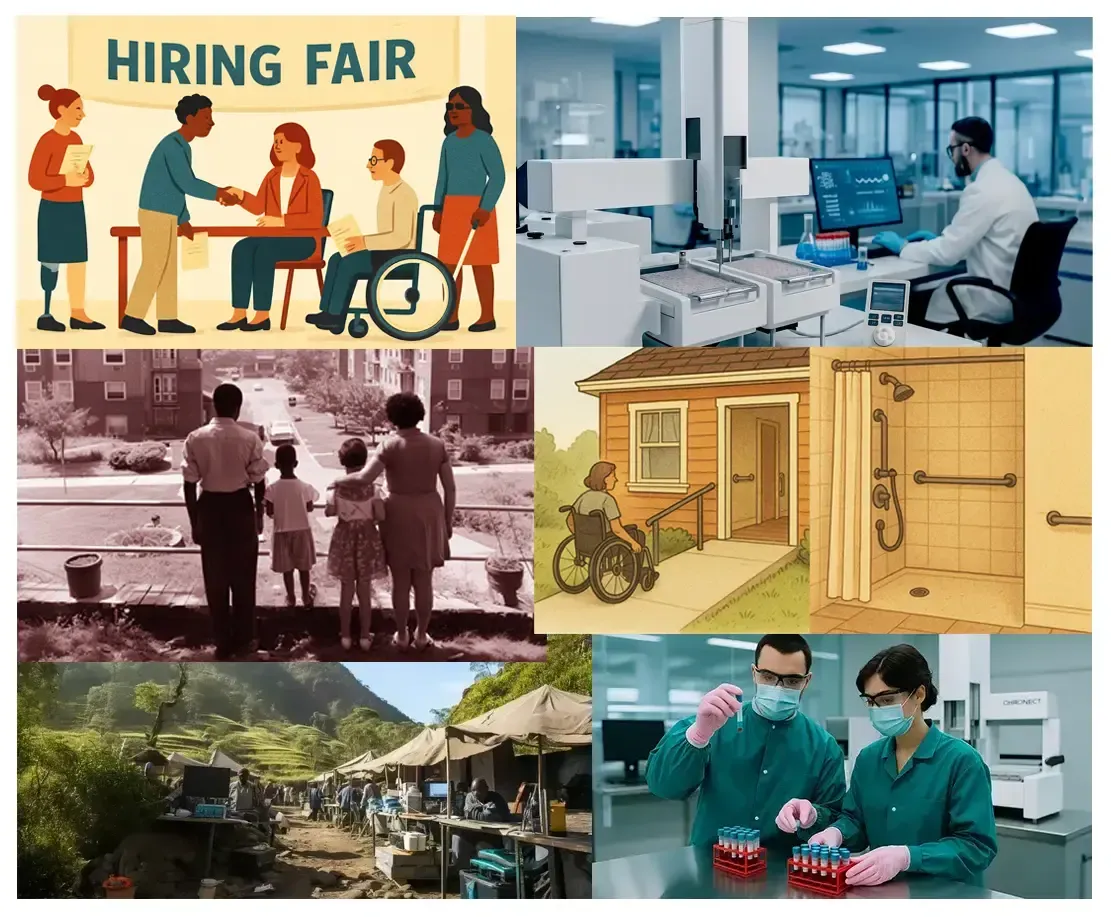 Collage: Hiring fair, lab work, family, accessible home, village, scientists.