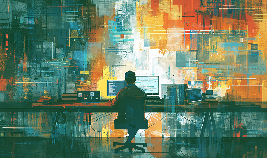 an illustration of a man sitting at his work station