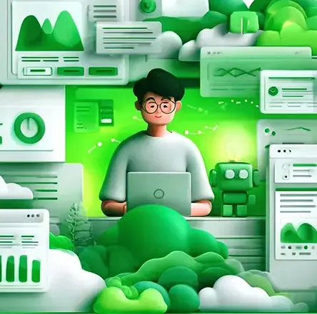 Person with laptop amid green analytics dashboards and interface windows