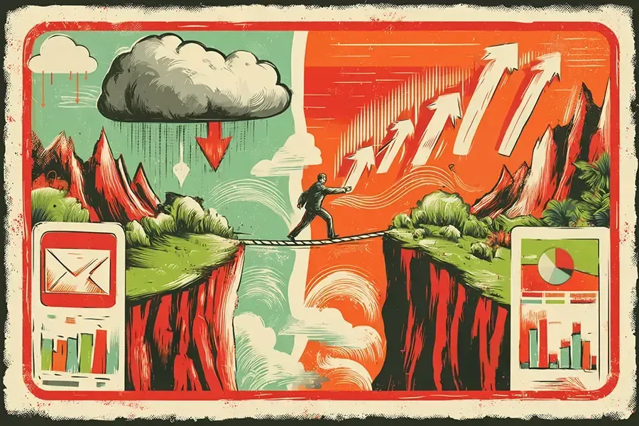 A person walks a tightrope from a storm-filled landscape with an email icon toward a prosperous side with growth charts.