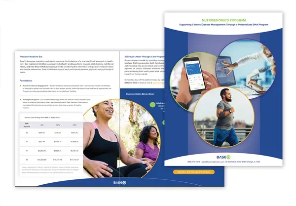 Brochure mockup with blue and white healthcare-themed pages, charts, and people using a phone and tablet