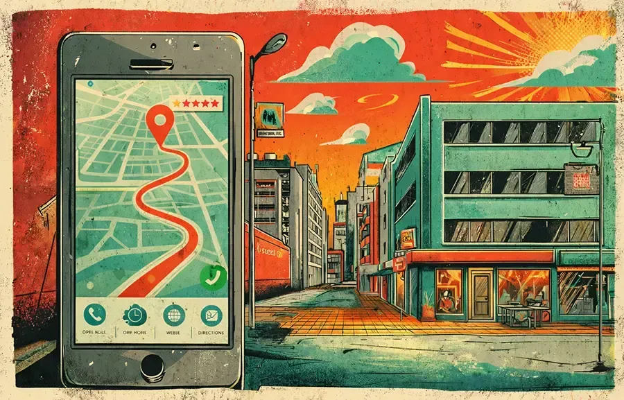 Smartphone map with a red route beside a city street under an orange sky