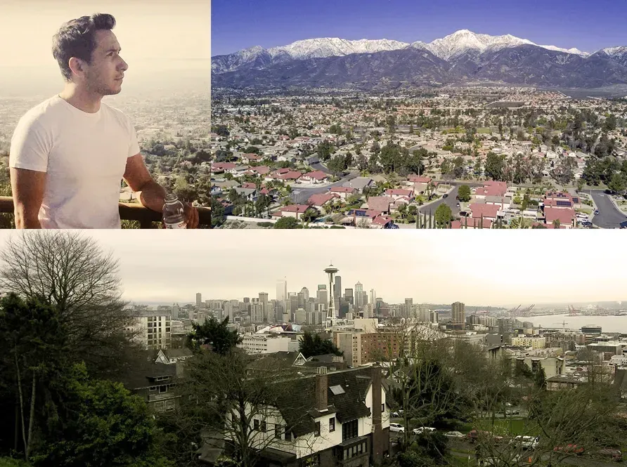 Upper left corner Joe Cashman in a white t-shirt overlooking a city. Top right corner an arial shot of Mount Baldy. Bottom image arial shot of Seattle.