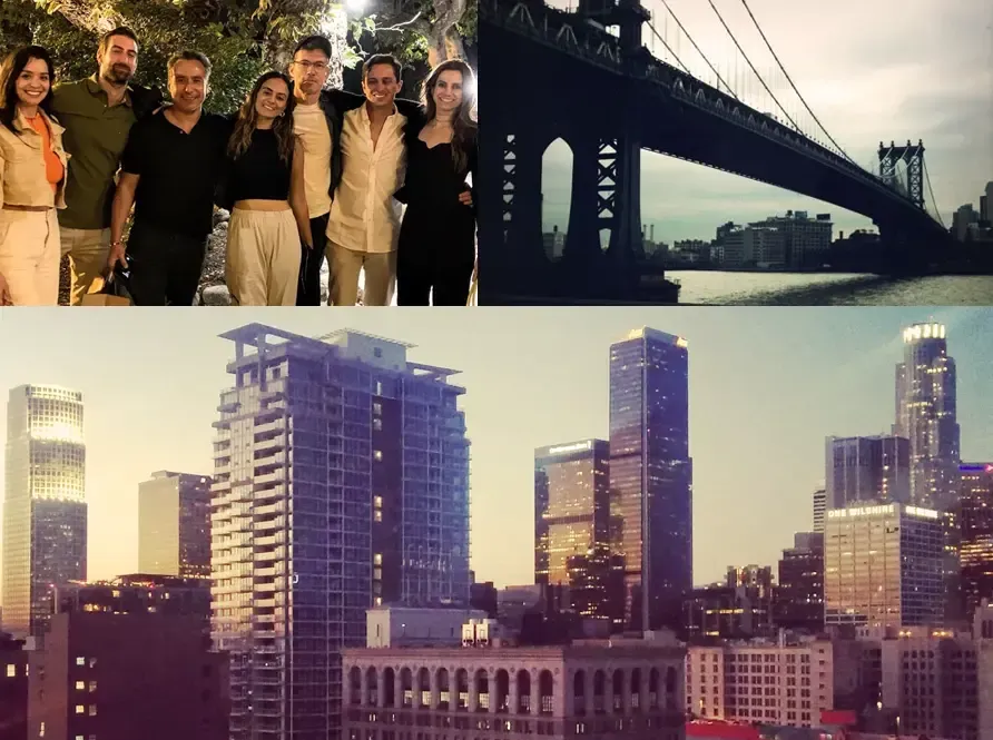 Upper left corner Joe Cashman with friends in Rancho Cucamonga. Upper right photo Brooklyn Bridge and a photo of Downtown LA.