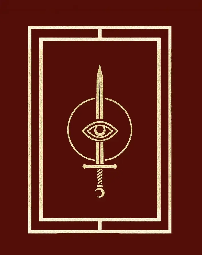 A burgundy rectangle with a golden bordered emblem of a sword piercing an eye within a circle, set within a double-lined frame.