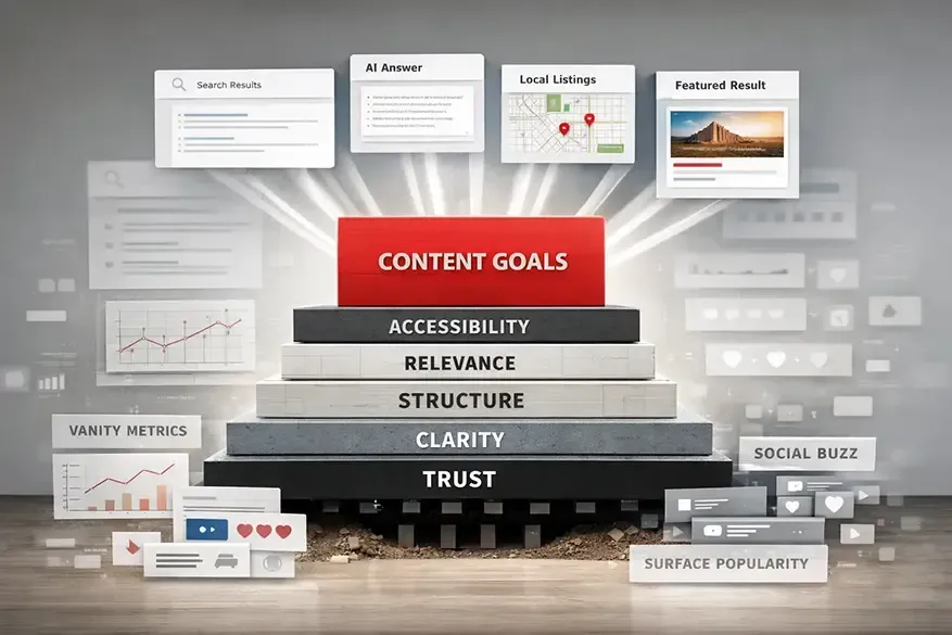 Stacked blocks labeled content goals, accessibility, structure, clarity, and trust in a workspace infographic