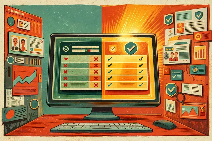 A computer monitor shows a split-screen comparison: one side marked with red X's and the other with green checkmarks.