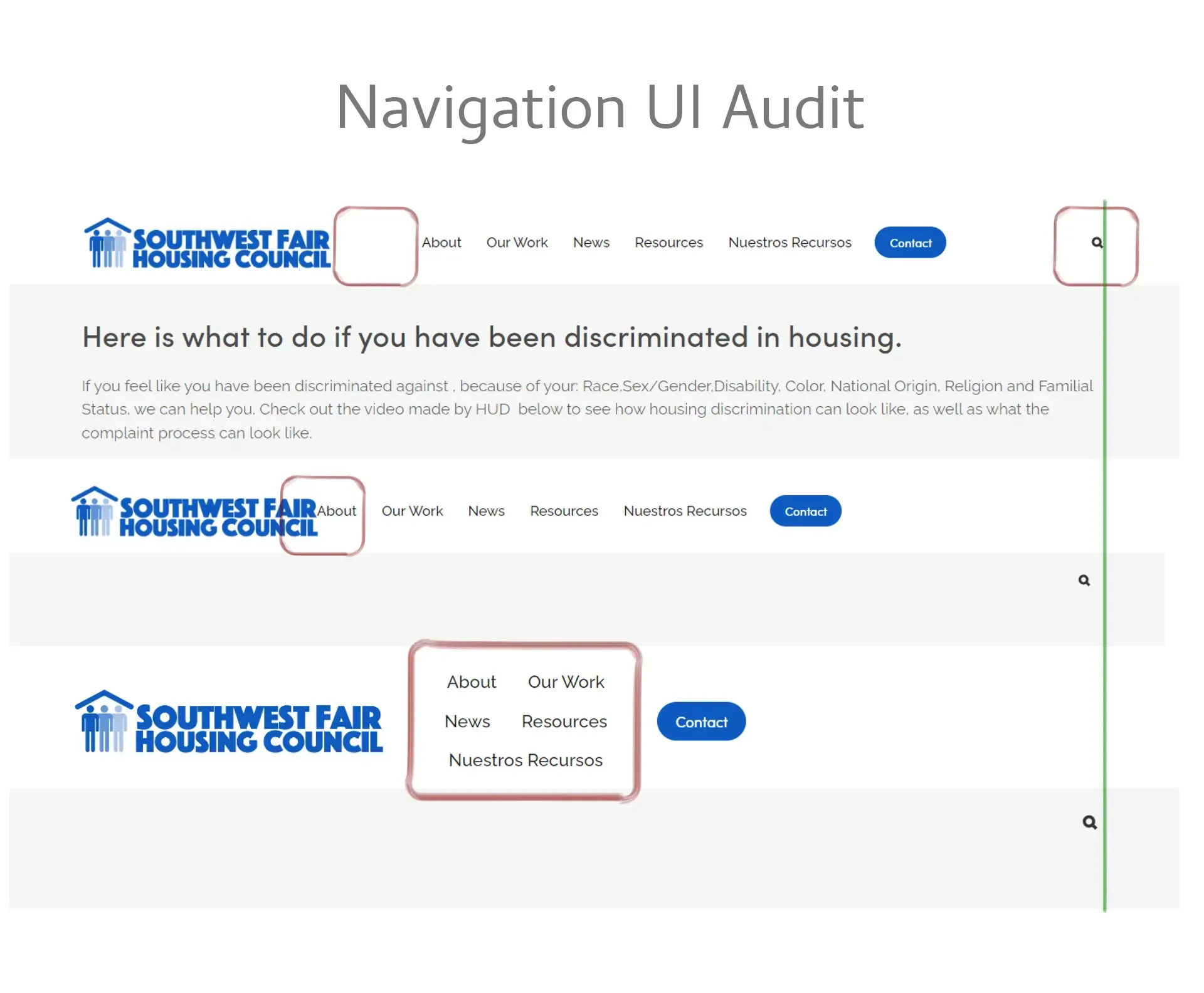 Navigation UI audit showing a website navigation bar with menu options.