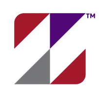 Abstract geometric logo with red, purple, and gray triangular shapes on a white background