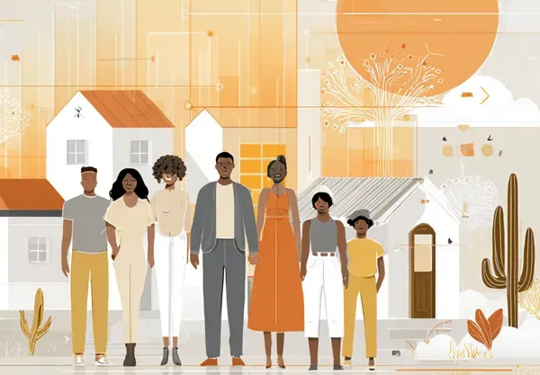 Six people standing in front of white houses in a warm orange neighborhood scene