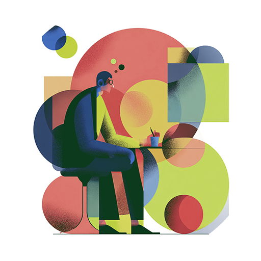 Man in blue suit sits writing, surrounded by overlapping colorful geometric shapes.