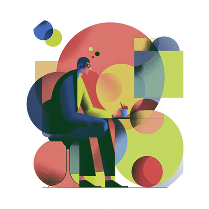 Man in blue suit sits writing, surrounded by overlapping colorful geometric shapes.