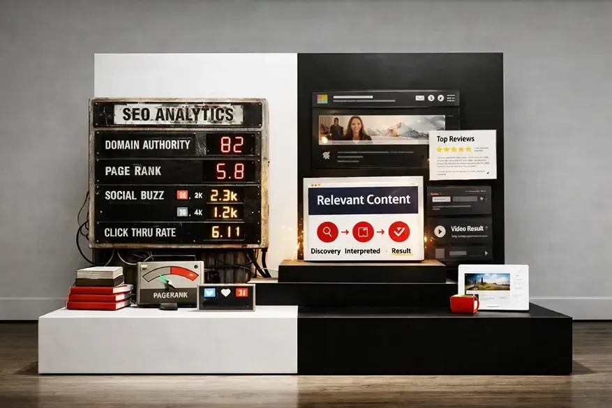 SEO analytics dashboard with black-and-white display boards showing metrics and cards on a tabletop