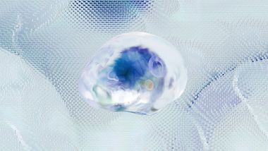 Translucent neural AI brain with blue center, on a textured, light blue and white background.