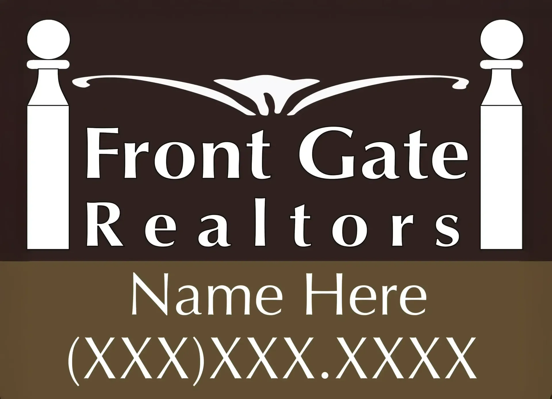 A brown and white logo for front gate realtors