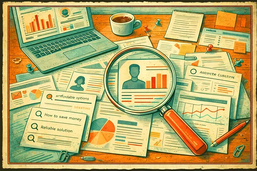 A magnifying glass rests on documents with charts, graphs, and a laptop on a wooden desk, symbolizing data analysis.