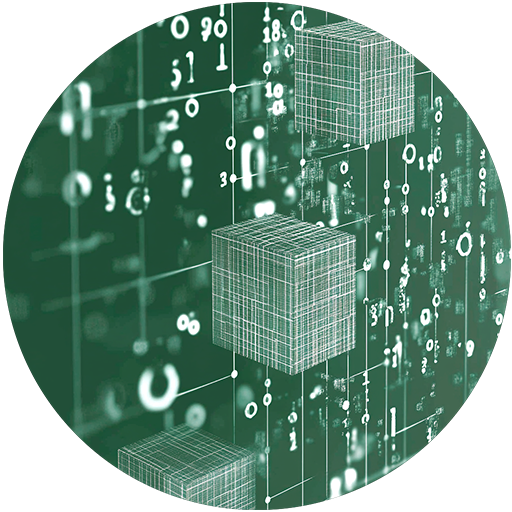 Green-toned sketch of a computer workstation; screen displays a geometric logo, pencils in cup.