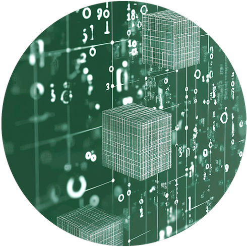 Green-toned sketch of a computer workstation; screen displays a geometric logo, pencils in cup.