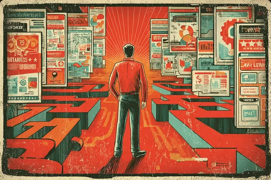 A person stands amidst a glowing red maze of abstract screens and data panels, viewing a bright horizon ahead.