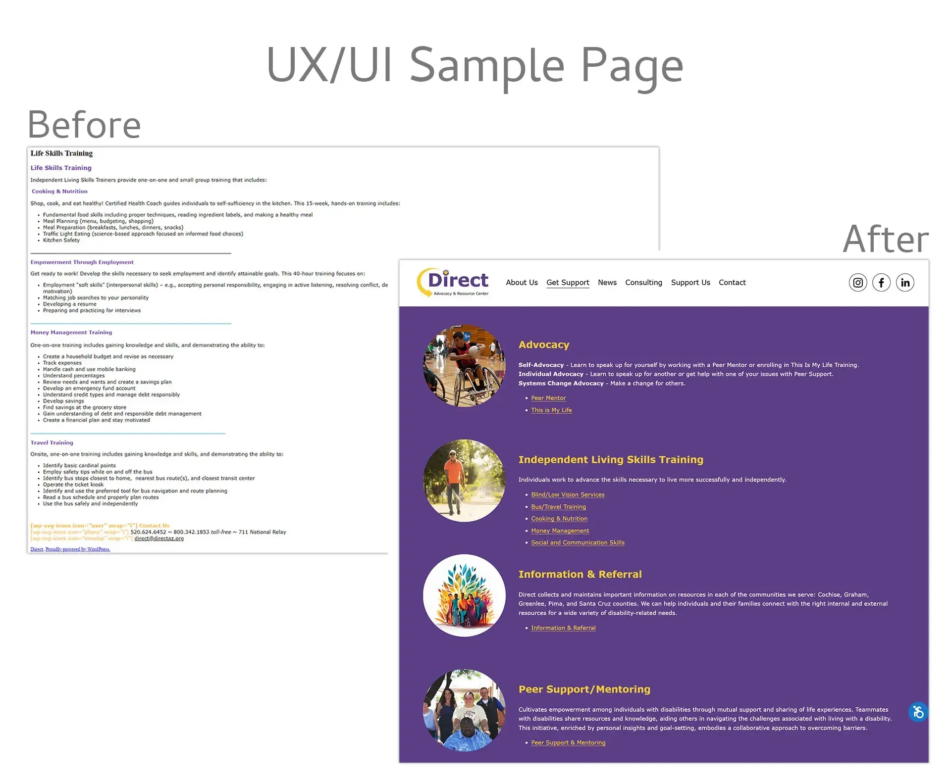 Before and after examples of a UX/UI sample page; the first page is text-heavy, the second has a purple design with images.