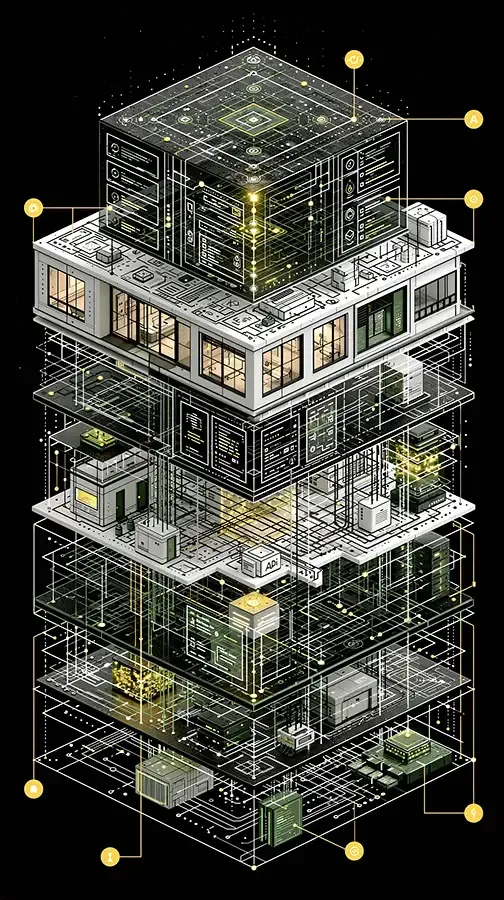 Futuristic multi-story modular building rendered in black, white, and gold wireframe with glowing accent dots