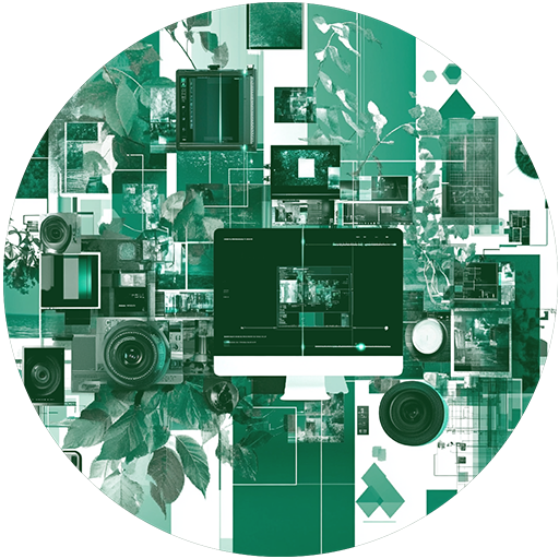Circle collage of green-toned photos, cameras, screens, and leaves, suggesting digital photography and editing.