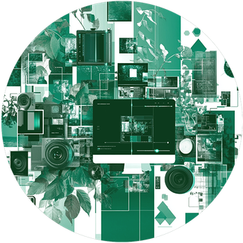 A computer monitor is surrounded by a collage of pictures