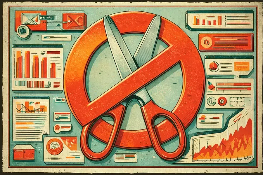An orange no-entry symbol overlaid on a pair of scissors, surrounded by various business charts and data graphs.