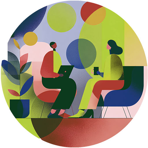 Two people in a colorful room having a conversation. One holds a laptop, the other a mug.