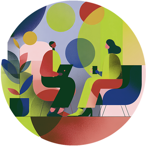 Two people in a colorful room having a conversation. One holds a laptop, the other a mug.