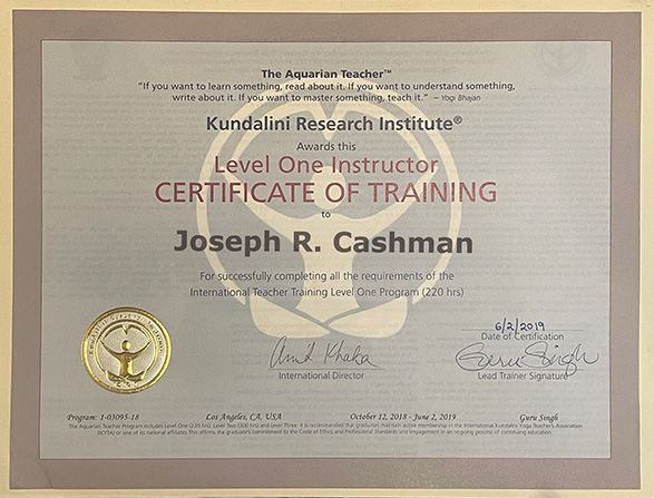 A certificate of training for level one instructor joseph r. cashman