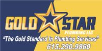 Logo of Gold Star Plumbing LLC, with gold star over blue and yellow background; phone number included.