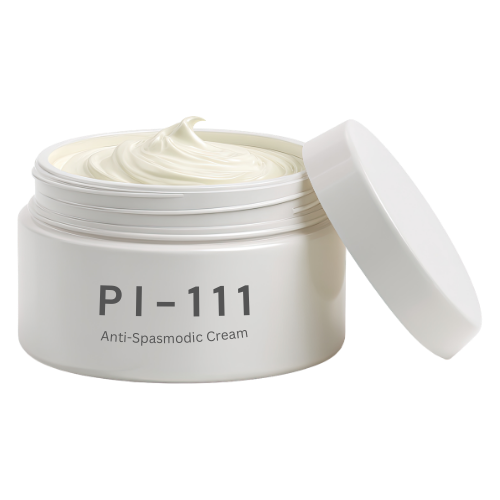 An open white jar of PI-111 Anti-Spasmodic Cream with the lid resting to its right against a white background.