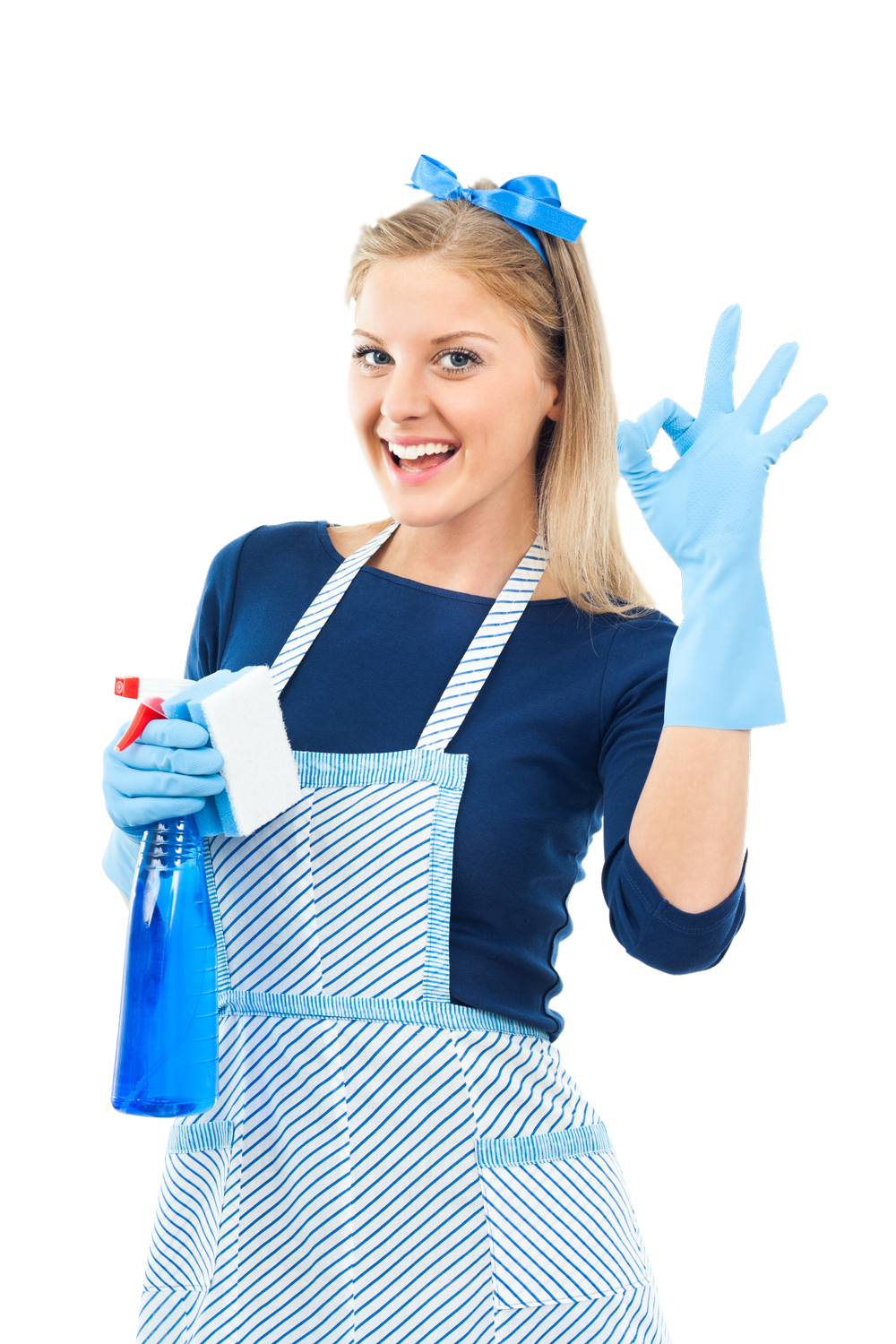 Blonde woman wearing blue gloves, a blue apron, and bow, holding a spray bottle and giving an