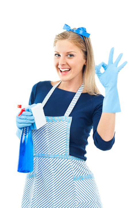 Blonde woman wearing blue gloves, a blue apron, and bow, holding a spray bottle and giving an