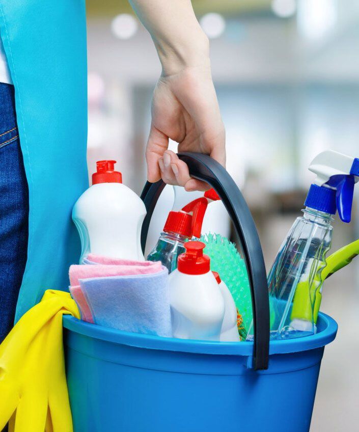 Person holding a blue bucket filled with cleaning supplies: bottles, cloths, and a scrub brush.